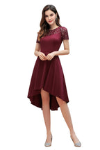 Vestido de cóctel de manga corta con lentejuelas, corte alto y bajo, color burdeos, estilo informal de diario