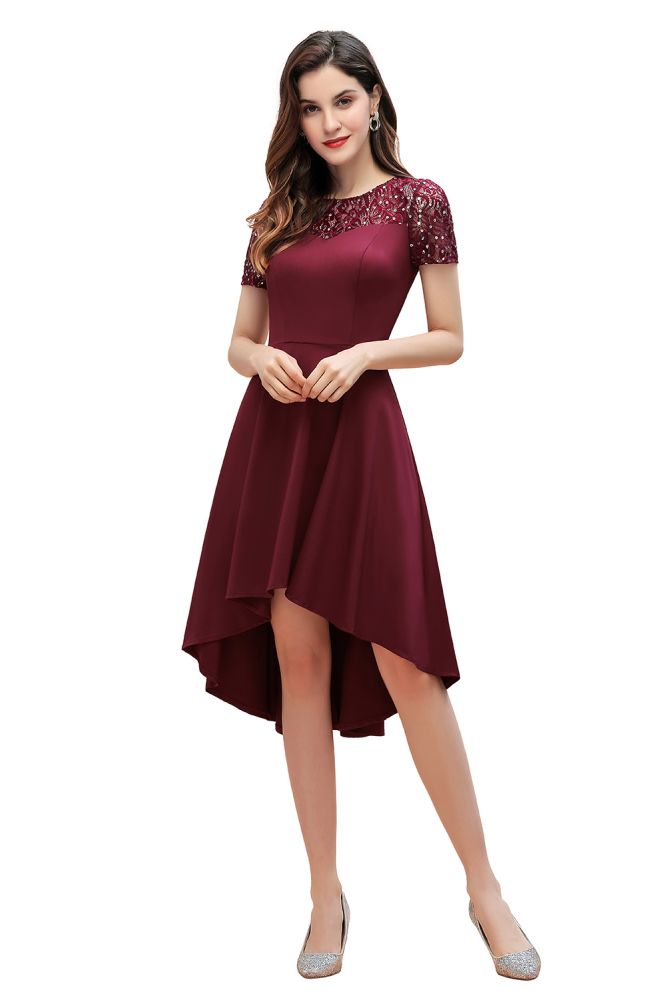 Vestido de cóctel de manga corta con lentejuelas, corte alto y bajo, color burdeos, estilo informal de diario