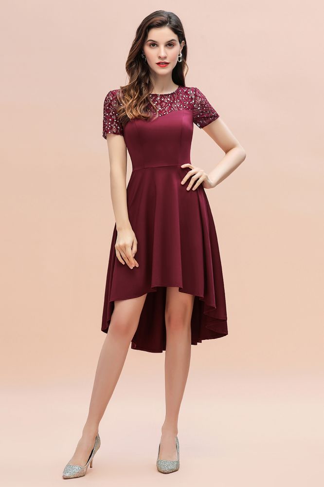 Vestido de cóctel de manga corta con lentejuelas, corte alto y bajo, color burdeos, estilo informal de diario