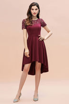 Vestido de cóctel de manga corta con lentejuelas, corte alto y bajo, color burdeos, estilo informal de diario
