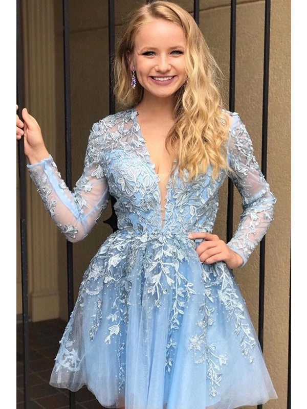 Robes de bal courtes/mini en ligne A à col en V en dentelle avec manches
