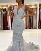 Silver Lace Long Sleeveless Mermaid Evening Dress