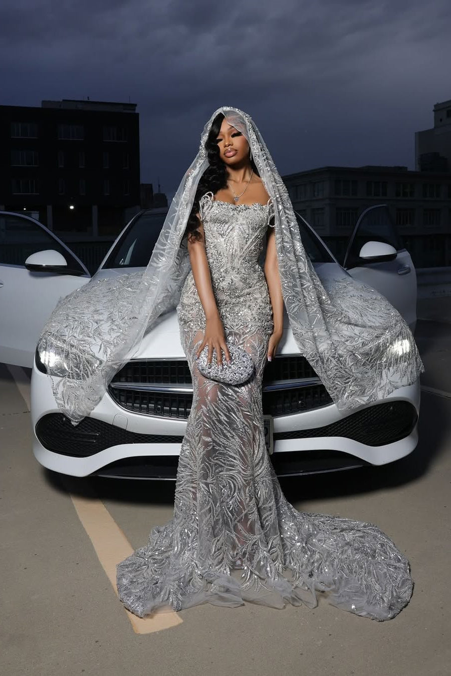 Silver Sparkle Beaded Mermaid Court Train Sweetheart Vestidos de baile sem mangas