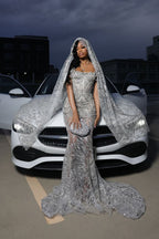 Silver Sparkle Beaded Mermaid Court Train Sweetheart Vestidos de baile sem mangas