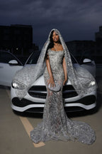 Silver Sparkle Beaded Mermaid Court Train Sweetheart Vestidos de baile sem mangas
