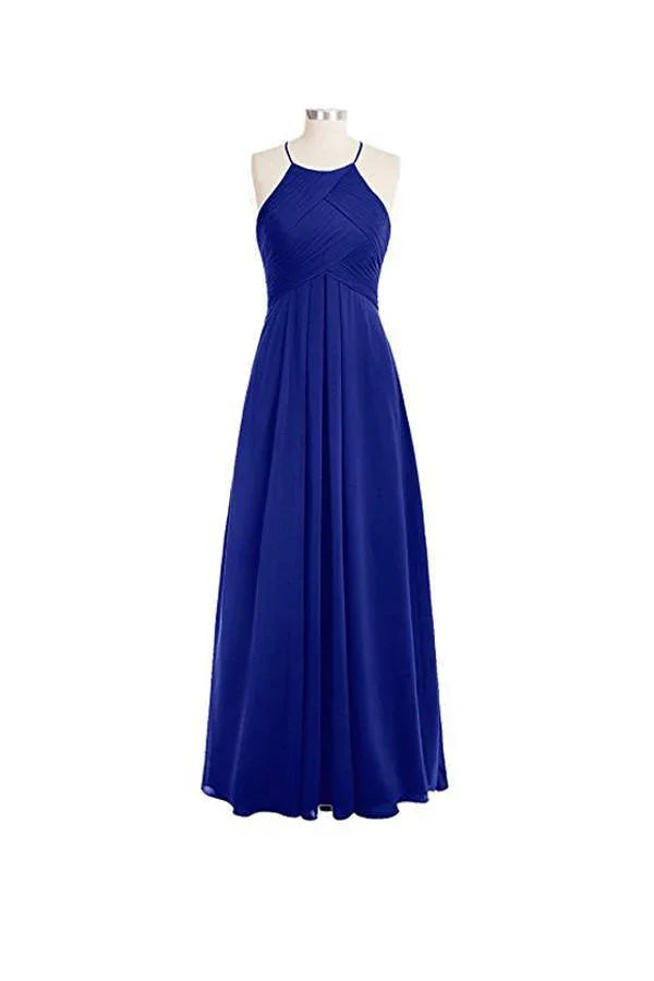 Schlichtes A-Linien-Rückenfreies Langes Chiffon-Kragenloses Brautjungfernkleid BD018