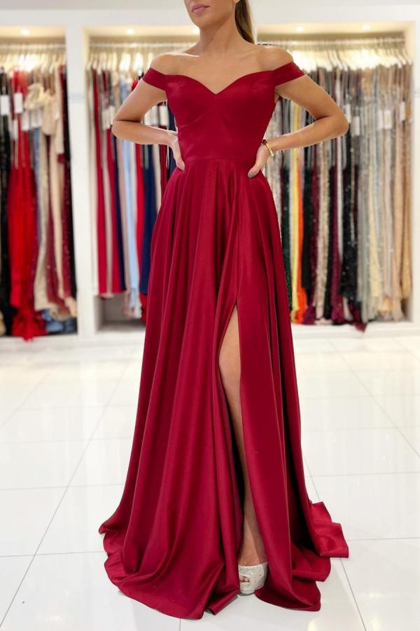 Robe longue de bal simple en satin extensible, coupe trapèze, décolletée épaules nues, avec fente