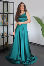 Robe de bal longue en satin, simple, ligne A, à une épaule