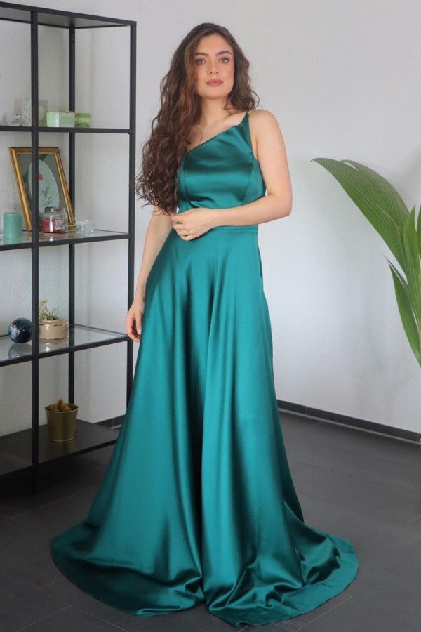 Robe de bal longue en satin, simple, ligne A, à une épaule