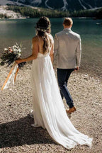 Schlichte A-Linie Spaghettiträger Strand Chiffon Brautkleider mit Spitze