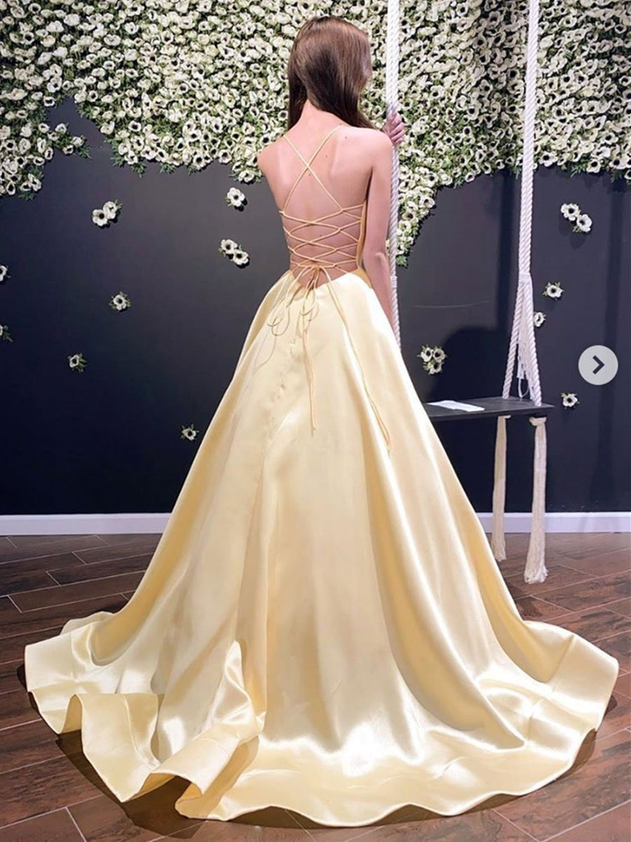 Robes longues de bal formelles en satin, simples, coupe trapèze, col en V, dos nu