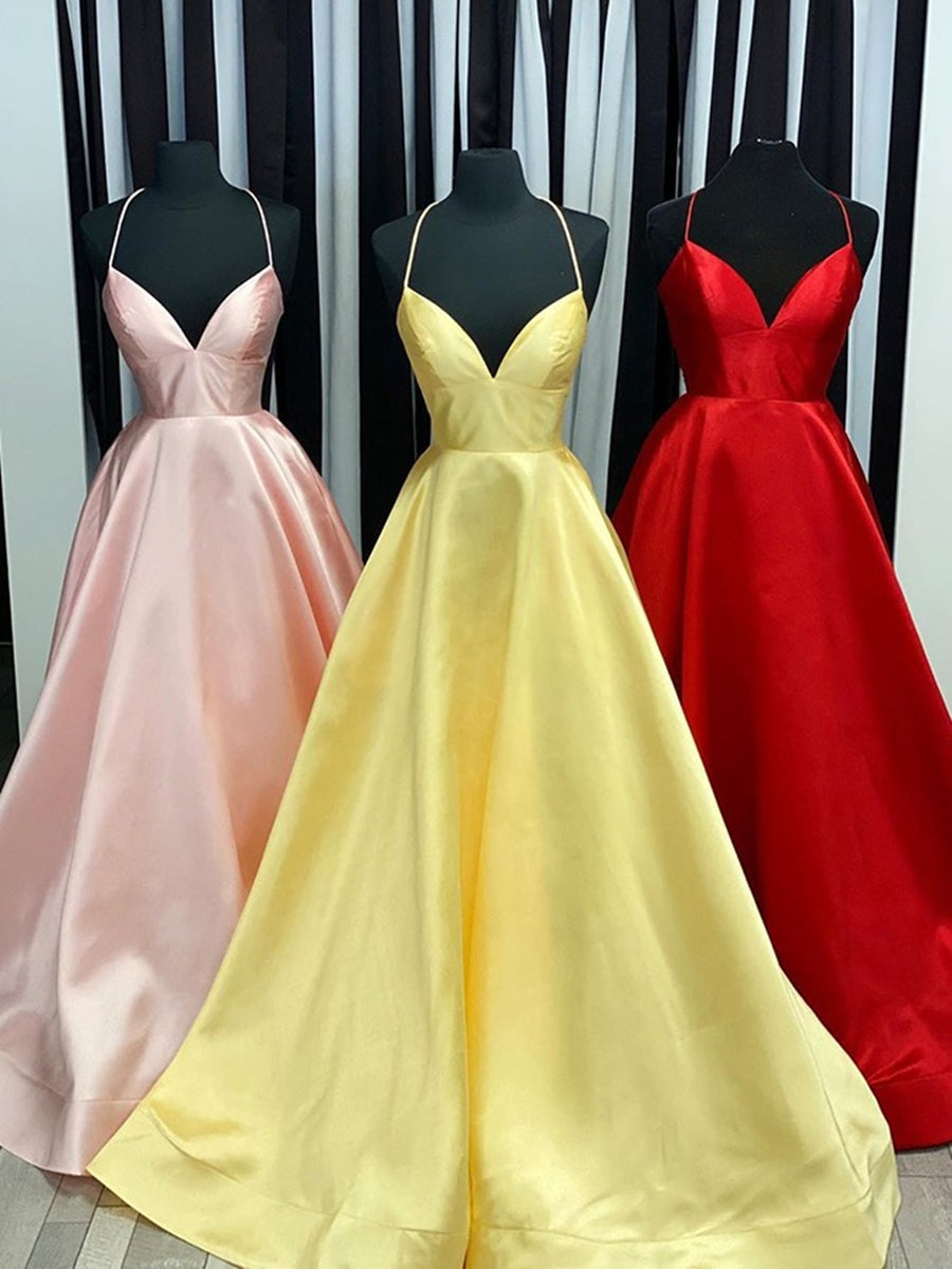 Robes longues de soirée formelles en satin, simples, coupe trapèze, col en V, dos nu
