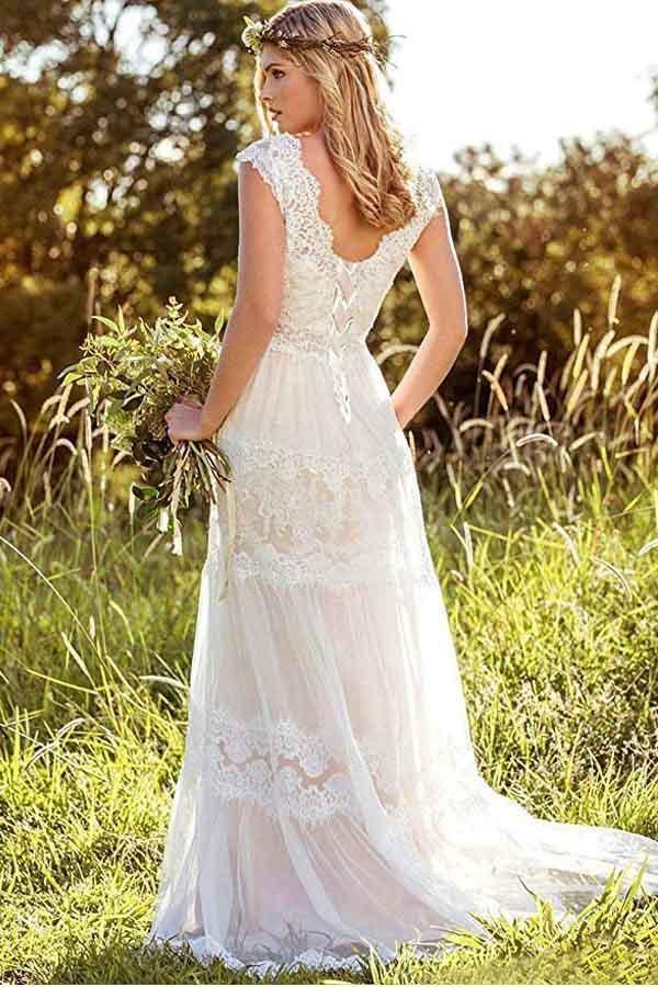 Vestido de Noiva Rústico Boémio com Decote em V e Renda, Corte Simples em Linha A