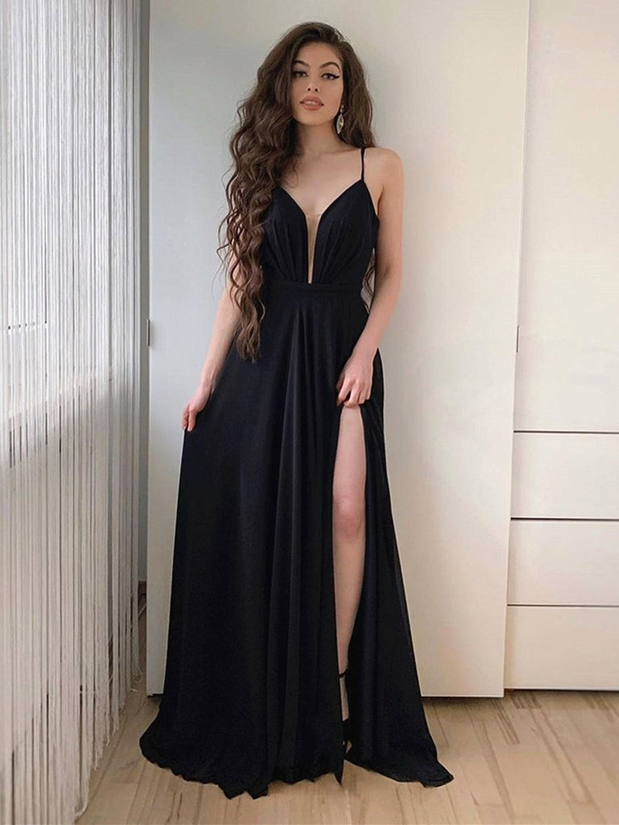 Robes de bal longues simples en mousseline noire à ligne A avec col en V et fente haute