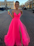 Robe longue de bal simple en tulle, ligne A, col en V, bretelles fines, fente haute