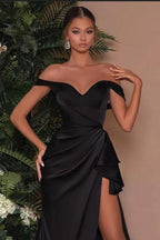 Robe de bal longue sirène noire simple à épaules dénudées avec fente