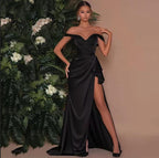 Robe de bal longue sirène noire simple à épaules dénudées avec fente