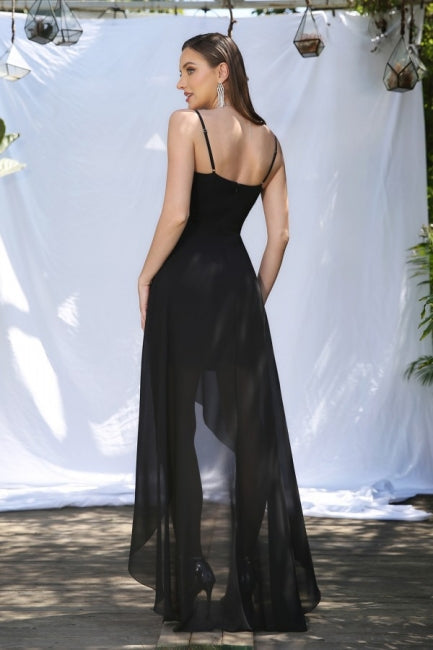 Robes de bal simples noires à bretelles fines spaghetti sans manches en ligne A