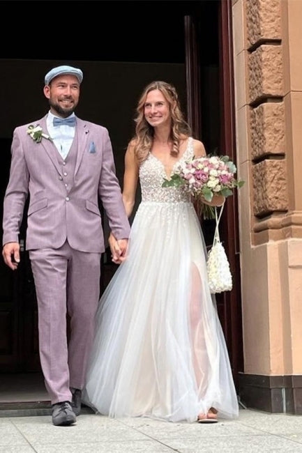 Simple Boho A-line V-neck Backless Sleeveless Wedding Dresses With Lace