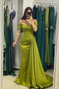 Robes de soirée sirène en satin vert simple à épaules dénudées avec volants, robes de bal
