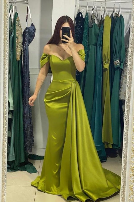 Robes de soirée sirène en satin vert simple à épaules dénudées avec volants, robes de bal