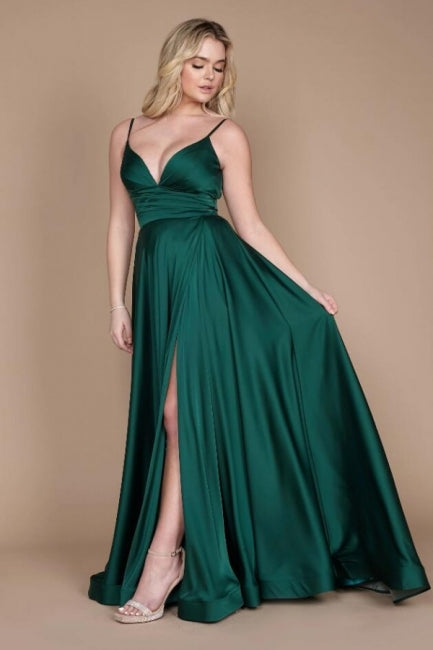Vestidos de cetim para cerimónia simples verdes com alças finas, sem mangas, corte coluna e folhos