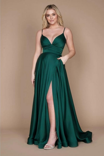 Vestidos de cetim para cerimónia simples verdes com alças finas, sem mangas, corte coluna e folhos
