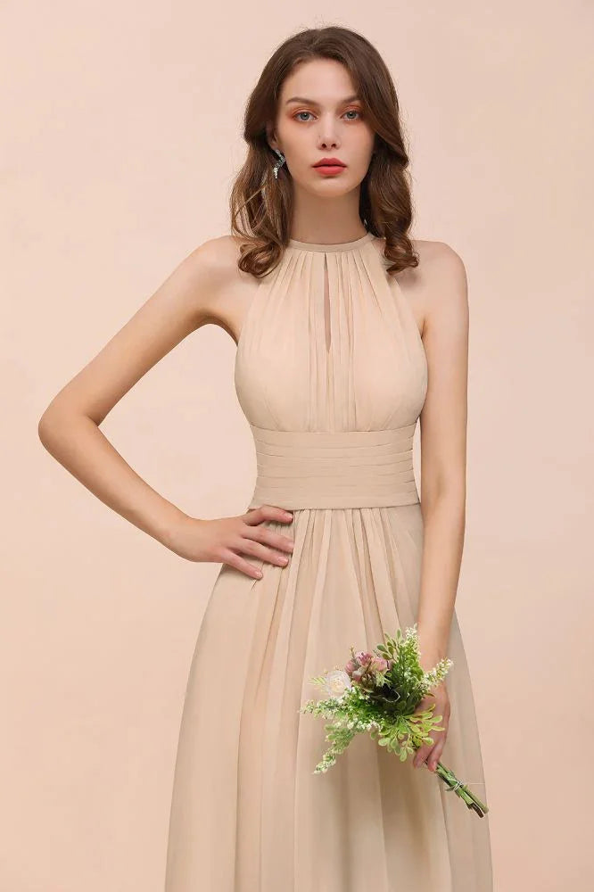 Simple Halter Champagne Slim Long Bridesmaid Dress