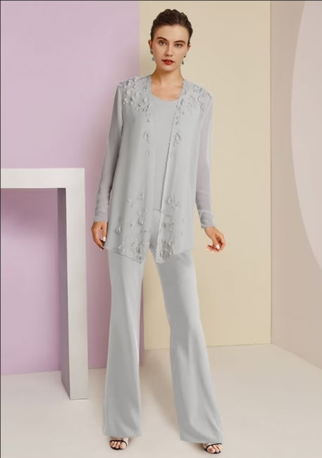 Simple Jewel Long sleeves Two pieces Chiffon Mother dress