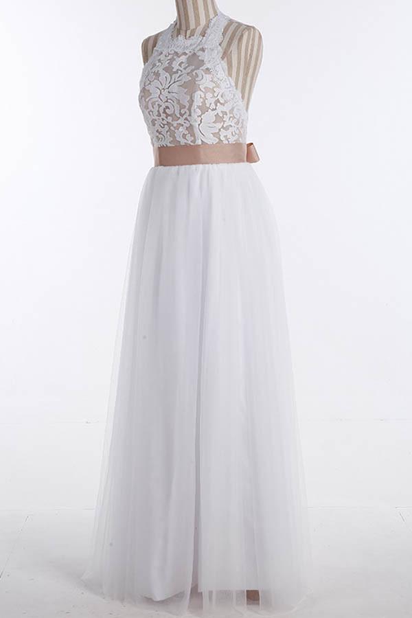 Robe de mariée simple sans manches à dentelle, longue jusqu'au sol