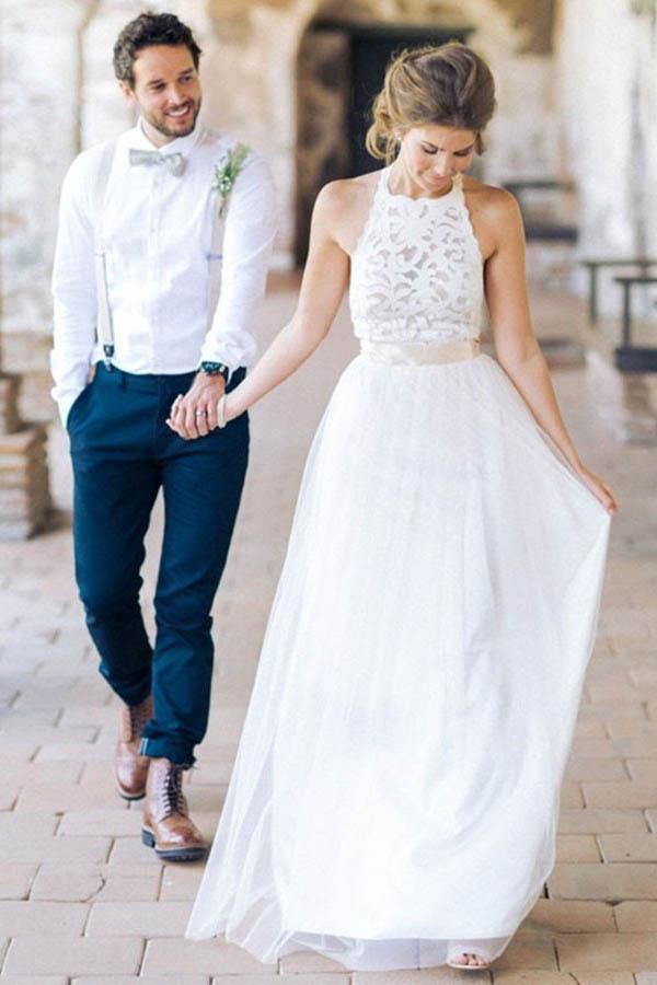 Robe de mariée simple sans manches à dentelle, longue jusqu'au sol