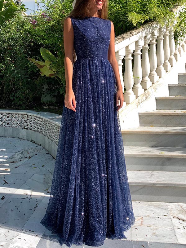 Robe de bal simple longue en ligne A avec décolleté bateau et paillettes