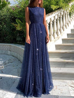 Robe de bal simple longue en ligne A avec décolleté bateau et paillettes