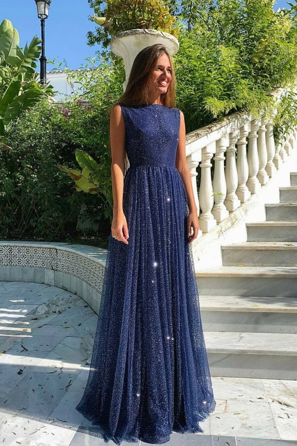 Robe de bal simple longue en ligne A avec décolleté bateau et paillettes