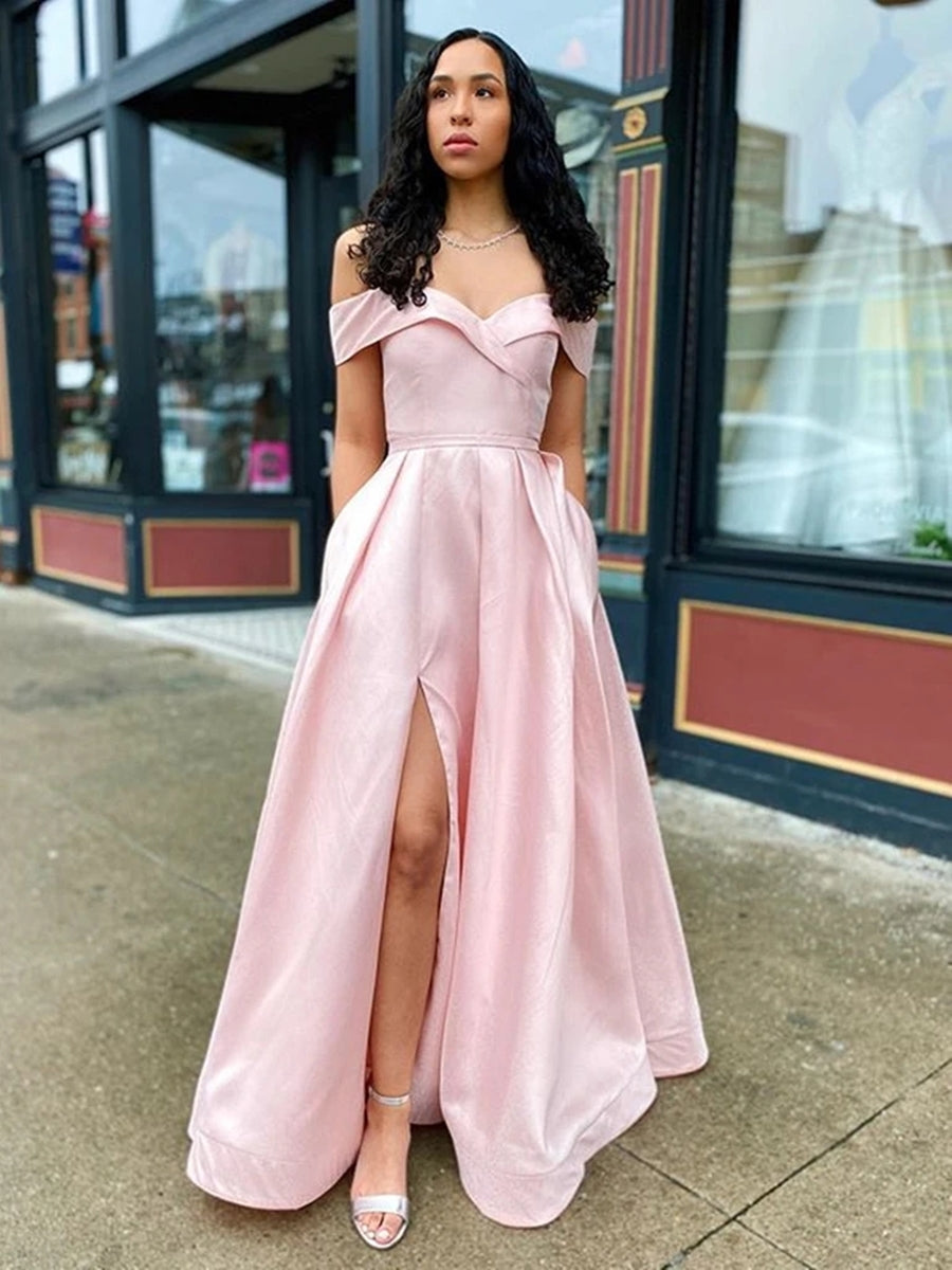 Robe de bal simple longue en satin, ligne A, épaules dénudées, fente avant, avec poches