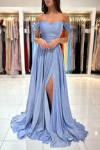 Robe de bal longue simple en ligne A, décolletée épaules nues, pailletée, avec fente