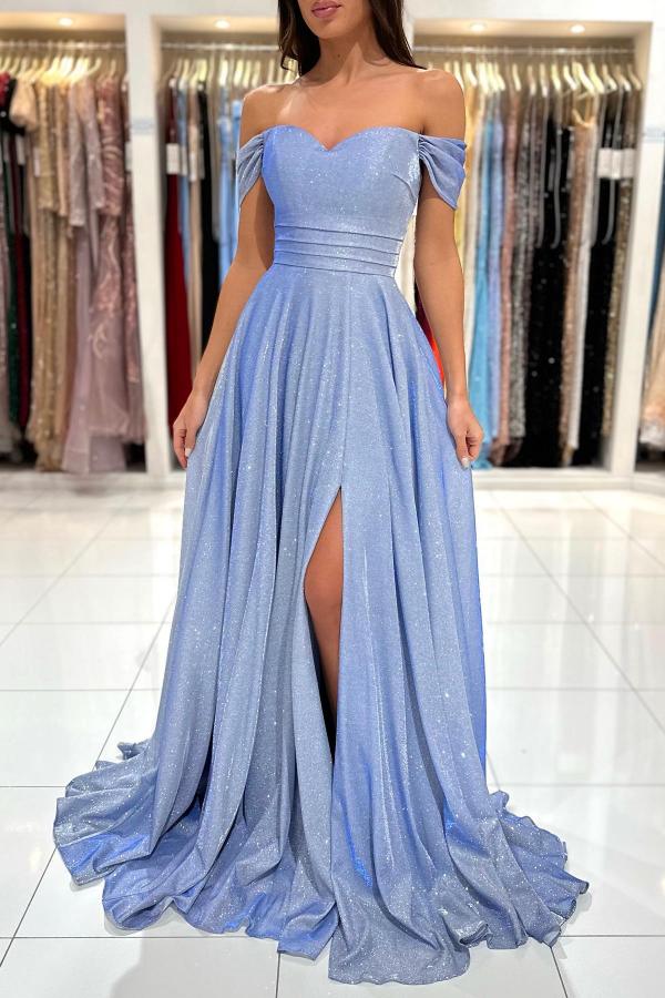 Robe de bal longue simple en ligne A, décolletée épaules nues, pailletée, avec fente