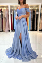 Robe de bal longue simple en ligne A, décolletée épaules nues, pailletée, avec fente