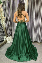 Semplice abito lungo a linea ad A in raso con schiena scoperta per cerimonia di diploma con spacco