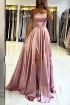 Robe de bal simple longue en ligne A avec fines bretelles spaghetti, dos ouvert et fente