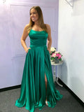 Robe de bal simple longue en ligne A avec fines bretelles, satin, fente avant et poches