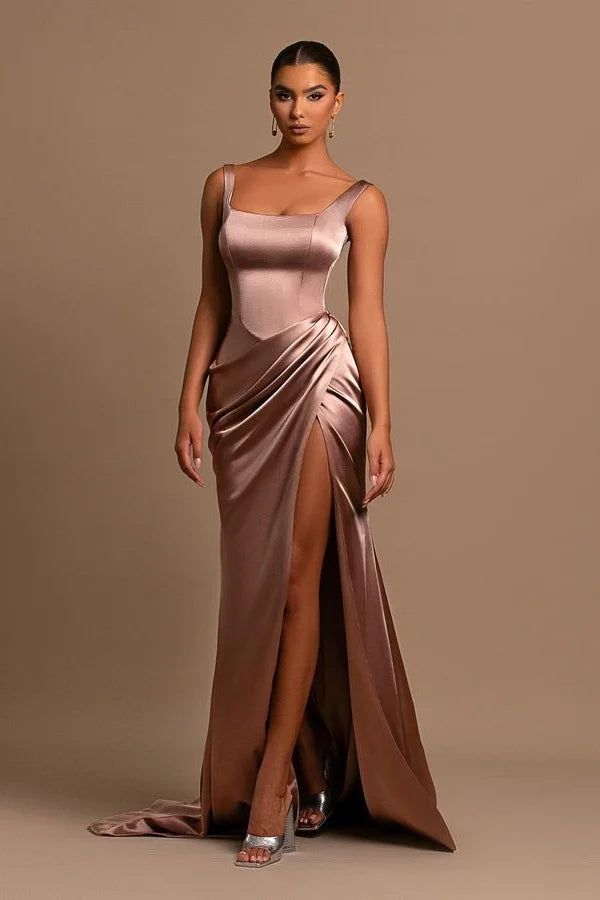 Vestido de cerimónia simples longo em linha A com alças, cetim, sem mangas e com racha