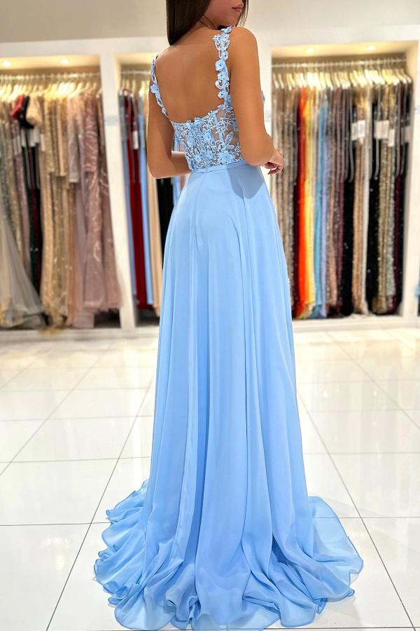 Robe de bal simple longue en mousseline, ligne A, décolleté cœur, dos en dentelle sans dos avec fente