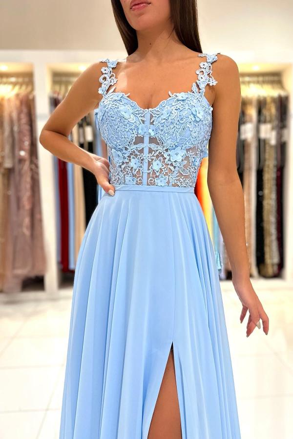 Robe de bal simple longue en mousseline, ligne A, décolleté cœur, dos en dentelle sans dos avec fente