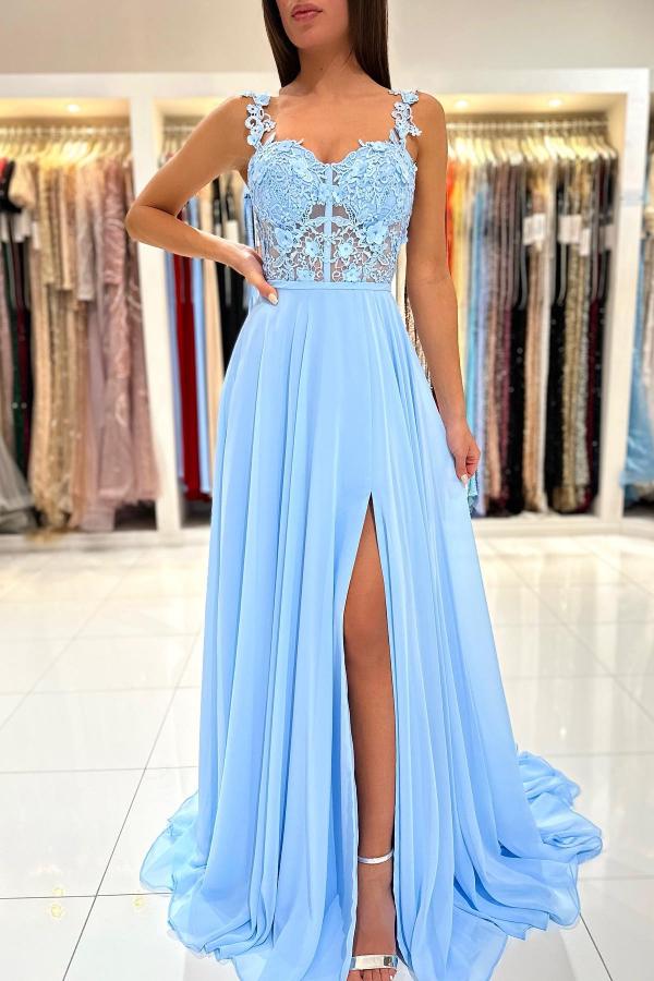 Robe de bal simple longue en mousseline, ligne A, décolleté cœur, dos en dentelle sans dos avec fente