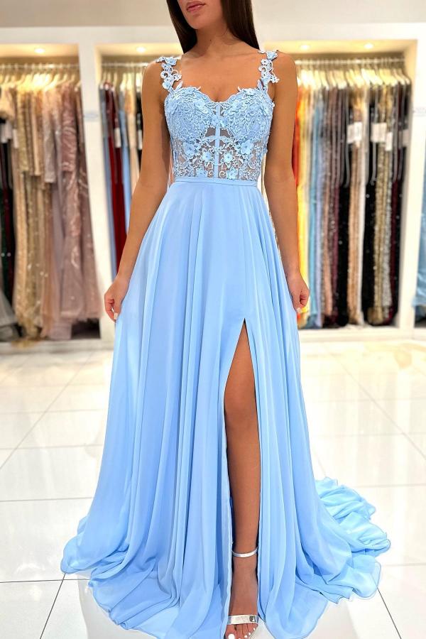 Robe de bal simple longue en mousseline, ligne A, décolleté cœur, dos en dentelle sans dos avec fente