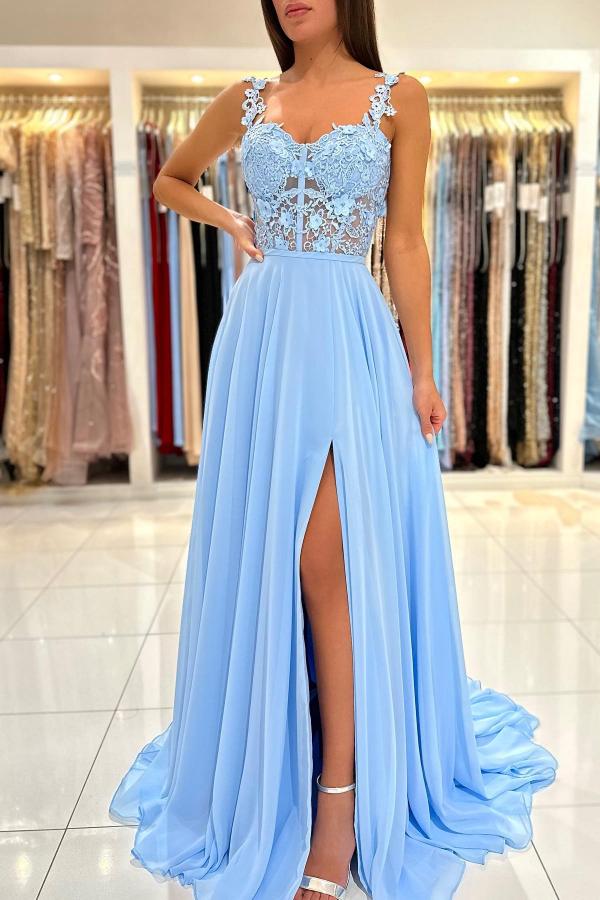 Robe de bal simple longue en mousseline, ligne A, décolleté cœur, dos en dentelle sans dos avec fente