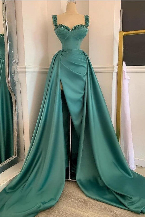 Vestido de fiesta sencillo de satén largo con escote en forma de A y abertura