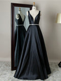 Robe de bal simple longue en satin, ligne A, col en V, dos nu, noire, robe de soirée formelle pour remise de diplômes