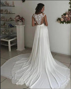 Vestido de Noiva Simples Longo em Chiffon com Decote em V, Corte em A e Renda, com Fenda